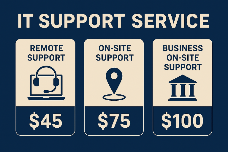 IT support service options: Remote support for $45, On-site support for $75, Business support for $100.